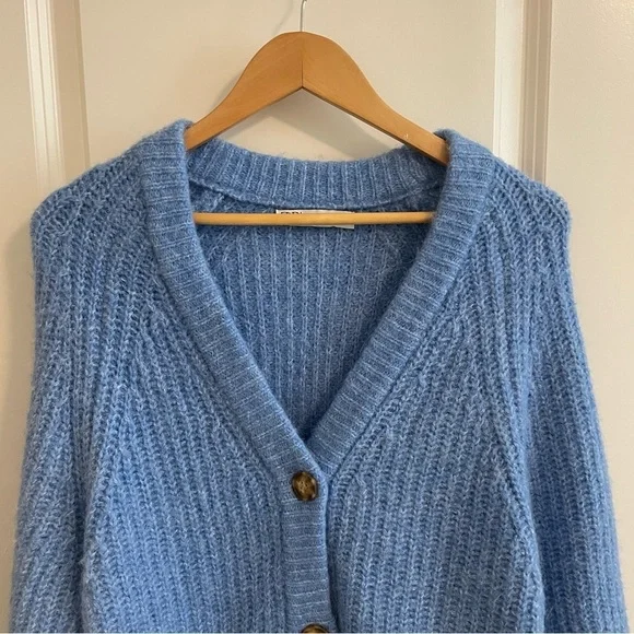 Zara Cardigan Sweater Chunky Grandpa Alpaca Blend Blue Heather Size Medium - Picture 4 of 10